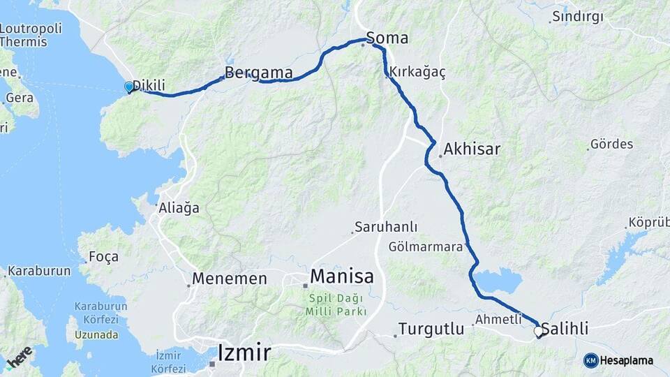 İzmir Dikili Salihli Manisa Arası Kaç Km - Yol Haritası
