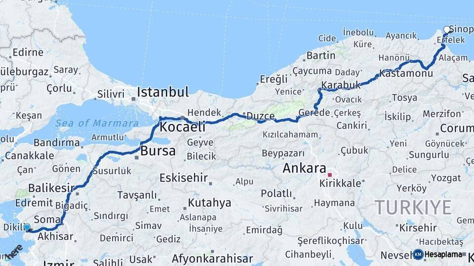 İzmir Dikili Sinop Arası Kaç Km - Yol Haritası