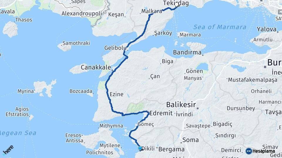 İzmir Dikili Tekirdağ Arası Kaç Km - Yol Haritası