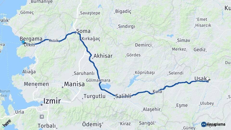 İzmir Dikili Uşak Arası Kaç Km - Yol Haritası