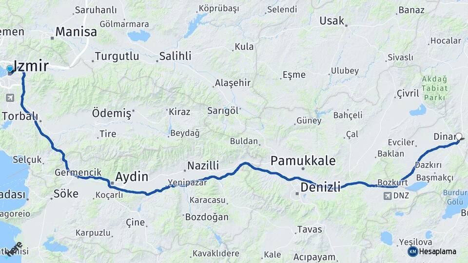 İzmir Dinar Afyonkarahisar Arası Kaç Km - Yol Haritası
