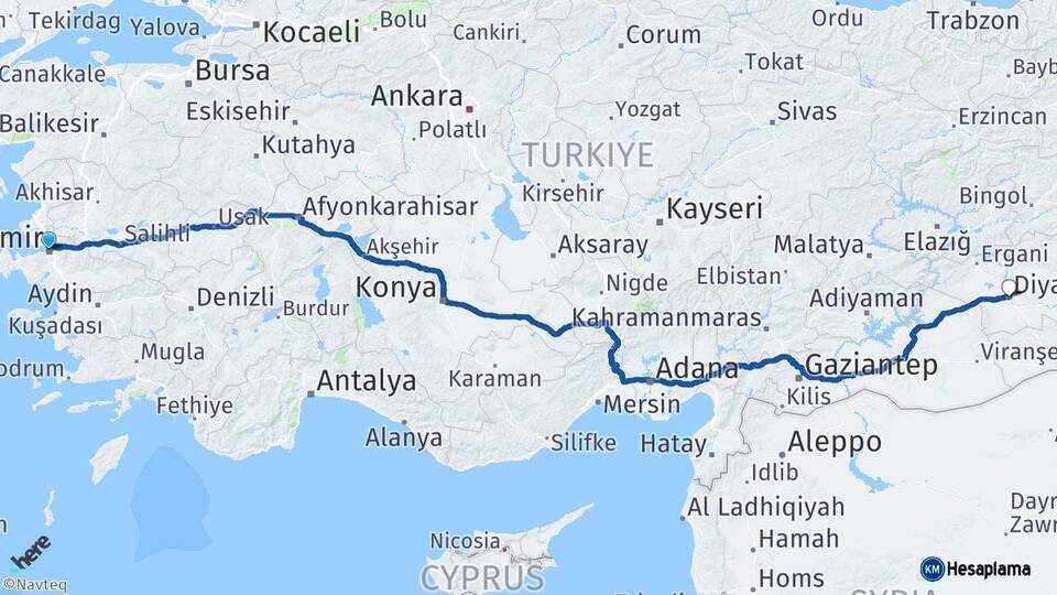 İzmir Diyarbakır Arası Kaç Km - Yol Haritası