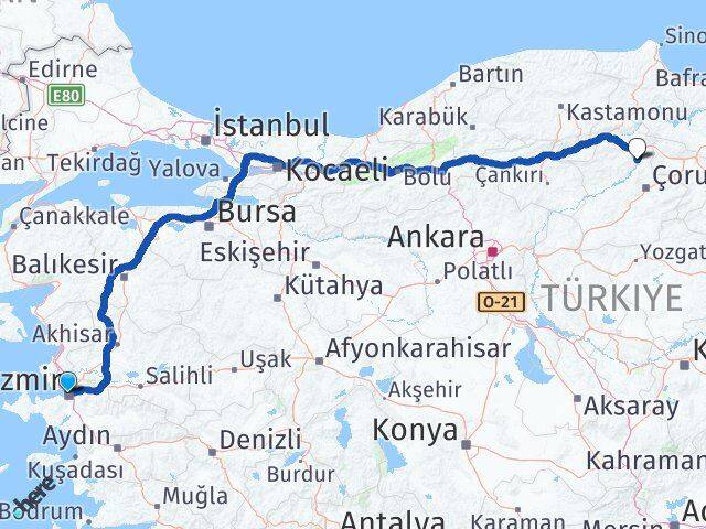 İzmir Dodurga Çorum Arası Kaç Km - Yol Haritası