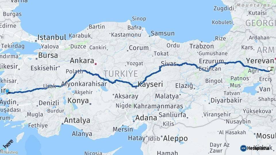 İzmir Doğubayazıt Ağrı Arası Kaç Km - Yol Haritası