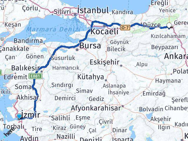 İzmir Dörtdivan Bolu Arası Kaç Km - Yol Haritası
