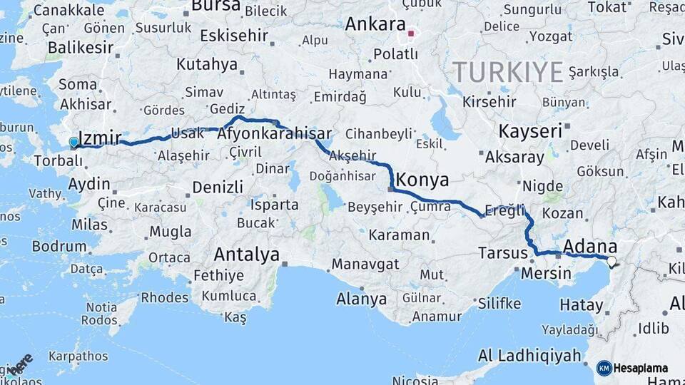 İzmir Dörtyol Hatay Arası Kaç Km - Yol Haritası
