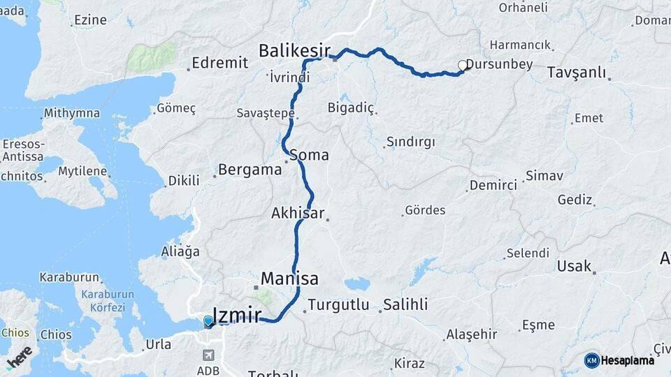 İzmir Dursunbey Balıkesir Arası Kaç Km - Yol Haritası