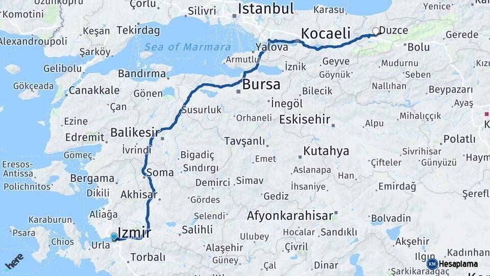 İzmir Düzce Arası Kaç Km - Yol Haritası