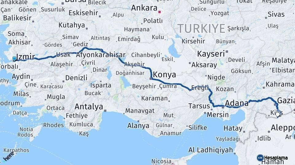 İzmir Elbeyli Kilis Arası Kaç Km - Yol Haritası