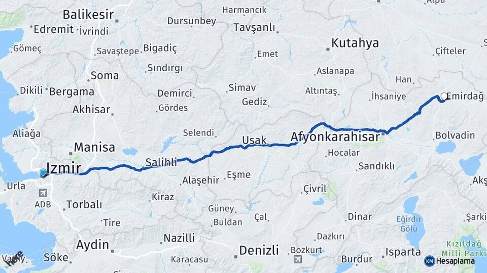 İzmir Emirdağ Afyonkarahisar Arası Kaç Km - Yol Haritası