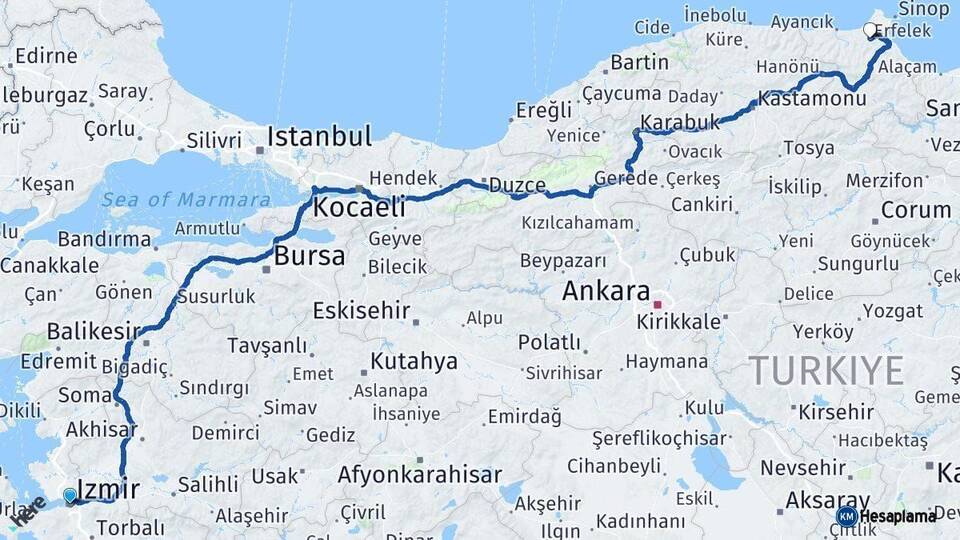 İzmir Erfelek Sinop Arası Kaç Km - Yol Haritası