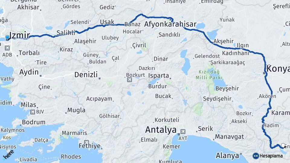 İzmir Ermenek Karaman Arası Kaç Km - Yol Haritası