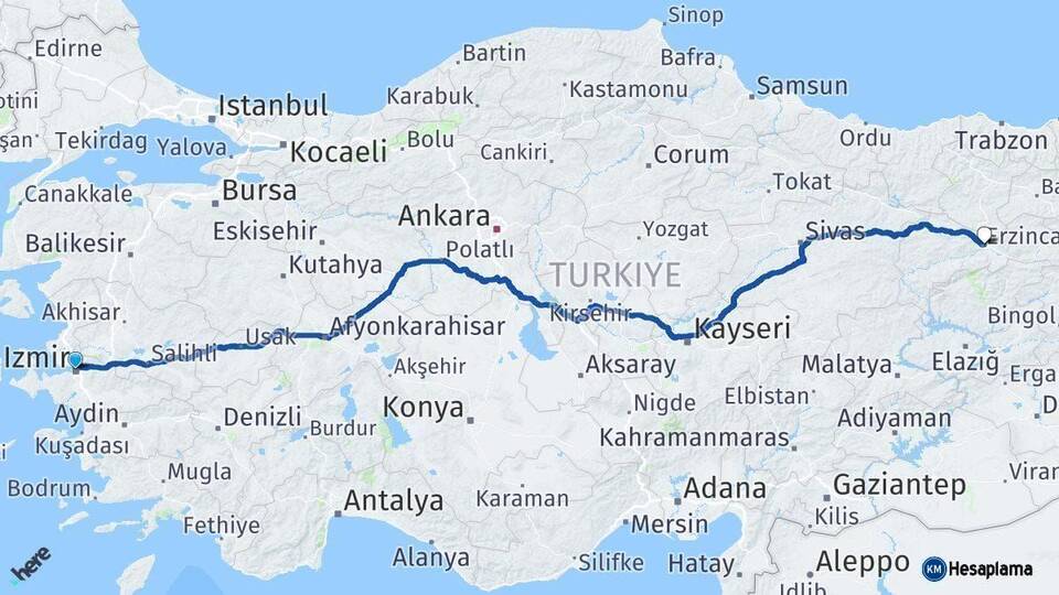 İzmir Erzincan Arası Kaç Km - Yol Haritası