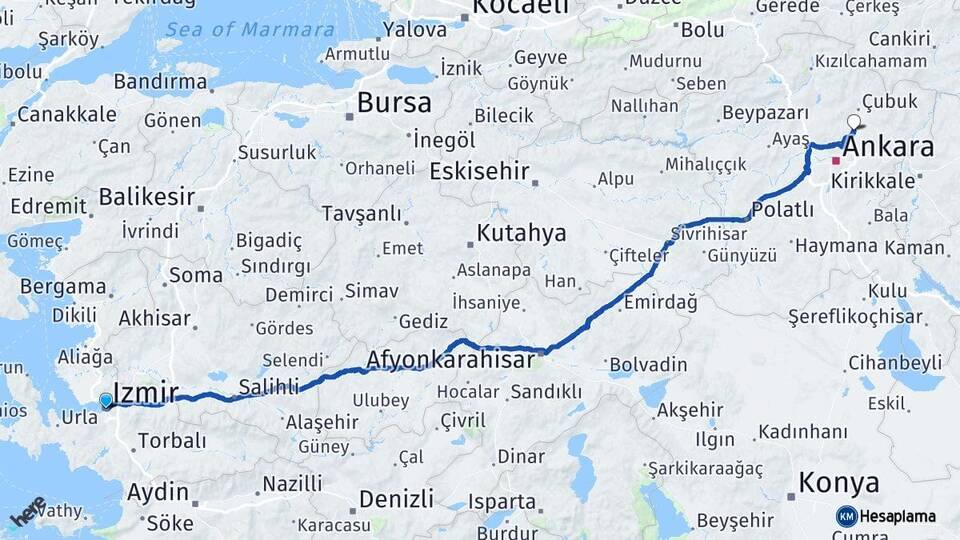 İzmir Esenboğa Havalimanı Arası Kaç Km - Yol Haritası