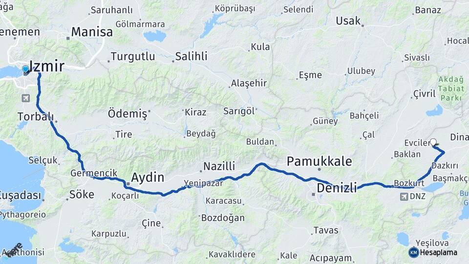 İzmir Evciler Afyonkarahisar Arası Kaç Km - Yol Haritası