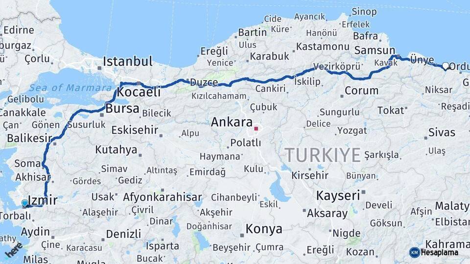 İzmir Fatsa Ordu Arası Kaç Km - Yol Haritası