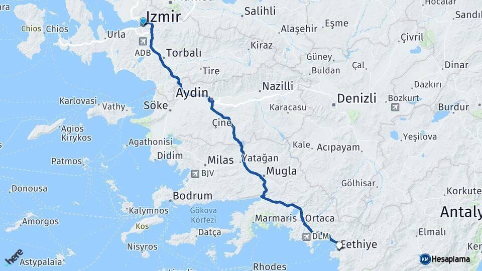 İzmir Fethiye Muğla Arası Kaç Km - Yol Haritası