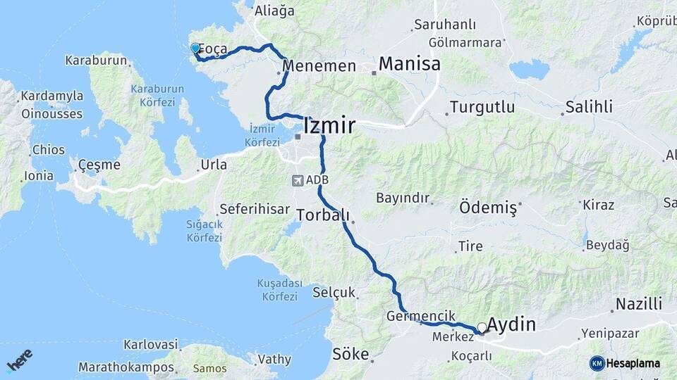 İzmir Foça Aydın Arası Kaç Km - Yol Haritası