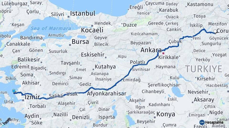 İzmir Foça Çorum Arası Kaç Km - Yol Haritası