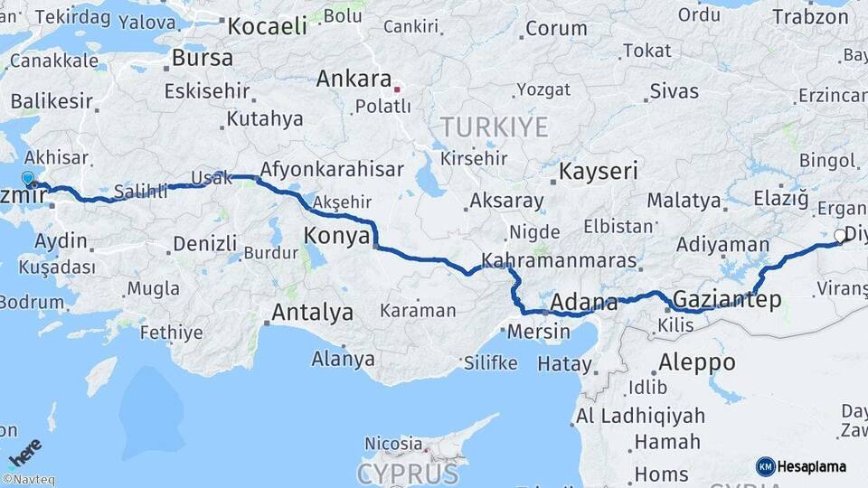 İzmir Foça Diyarbakır Arası Kaç Km - Yol Haritası