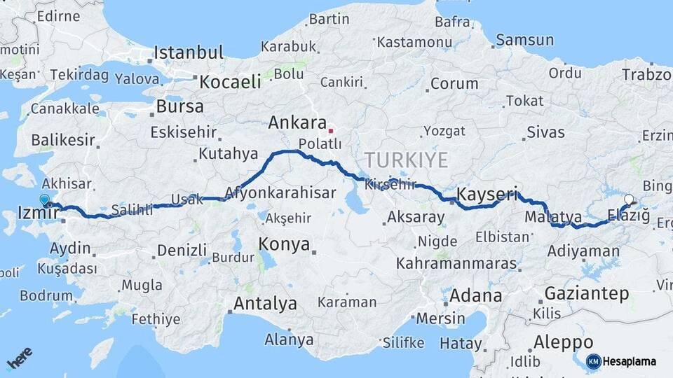 İzmir Foça Elazığ Arası Kaç Km - Yol Haritası