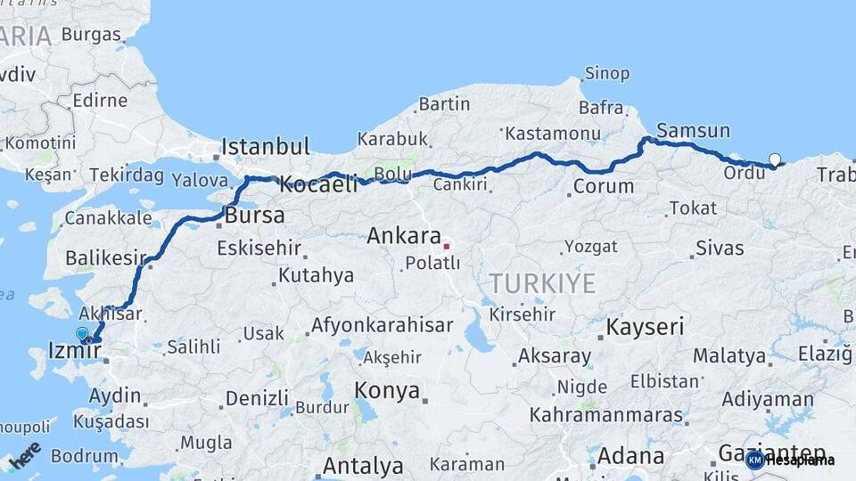 İzmir Foça Giresun Arası Kaç Km - Yol Haritası