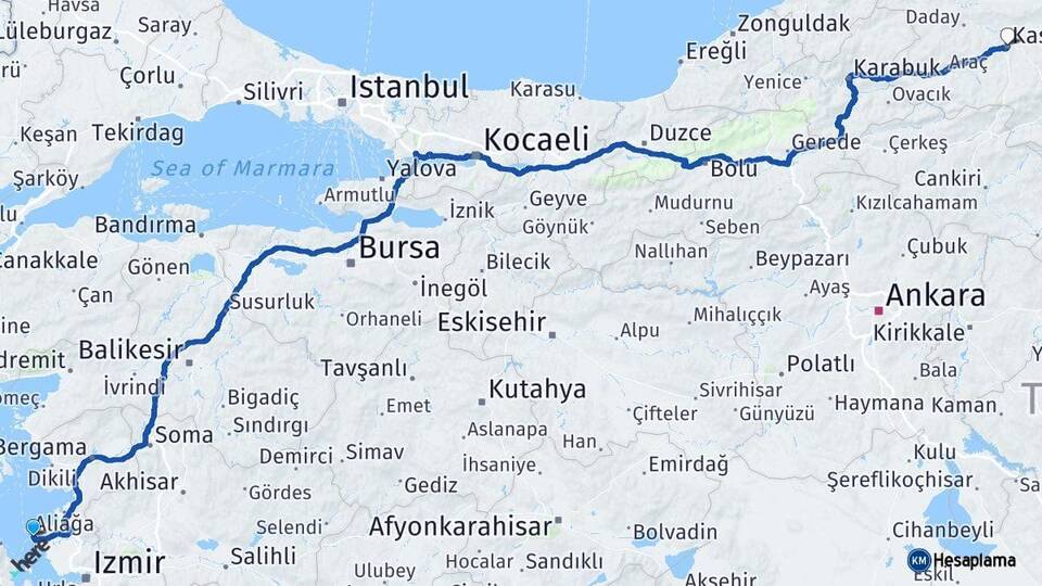 İzmir Foça Kastamonu Arası Kaç Km - Yol Haritası