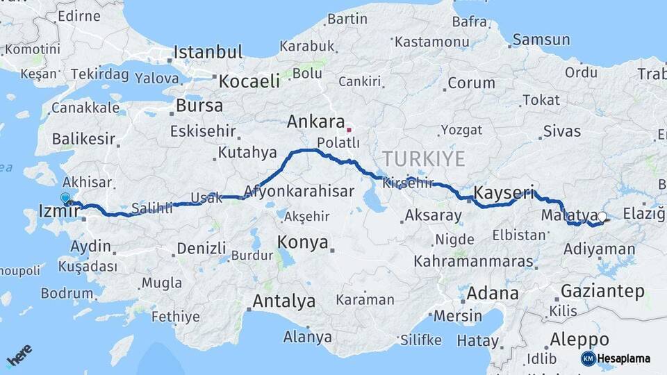 İzmir Foça Malatya Arası Kaç Km - Yol Haritası