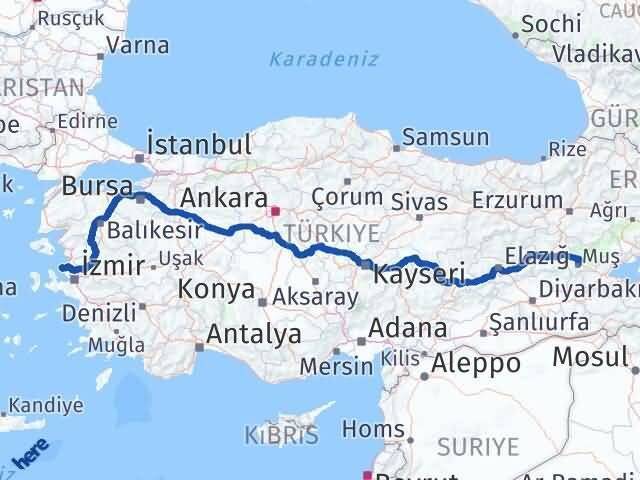 İzmir Foça Muş Arası Kaç Km - Yol Haritası
