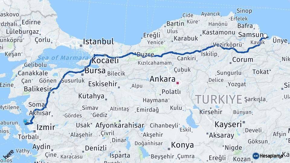 İzmir Foça Samsun Arası Kaç Km - Yol Haritası