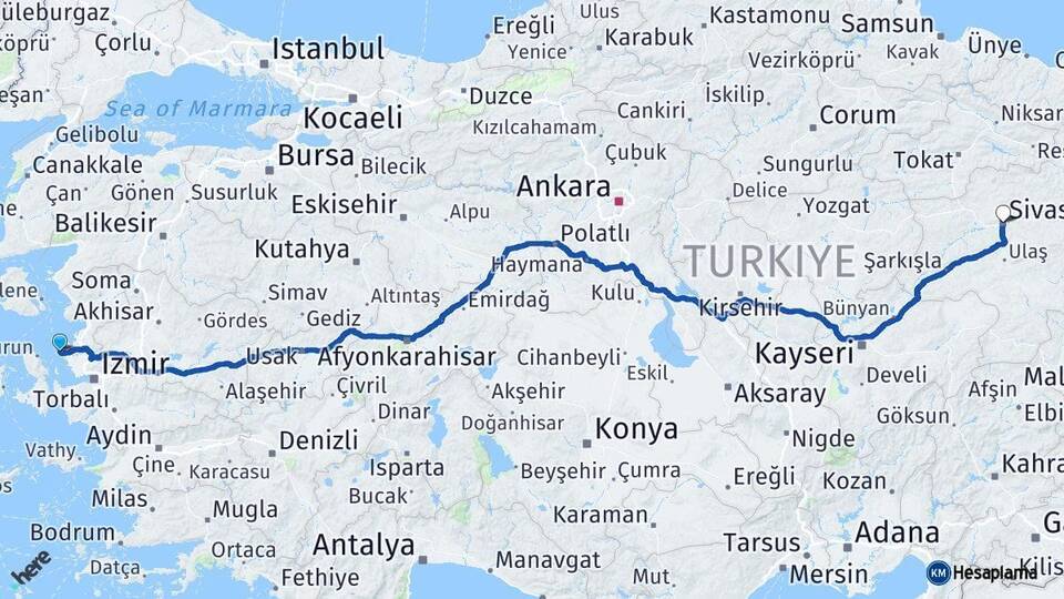 İzmir Foça Sivas Arası Kaç Km - Yol Haritası