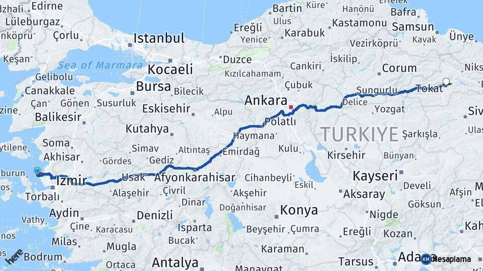İzmir Foça Tokat Arası Kaç Km - Yol Haritası