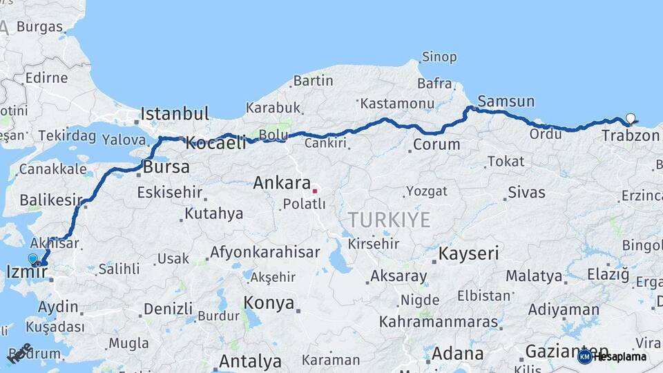 İzmir Foça Trabzon Arası Kaç Km - Yol Haritası
