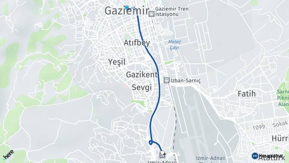 İzmir Gaziemir Adnan Menderes Havalimanı Arası Kaç Km - Yol Haritası