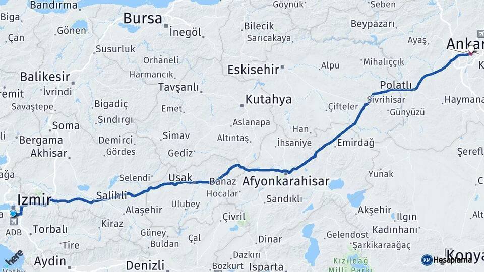İzmir Gaziemir Ankara Arası Kaç Km - Yol Haritası