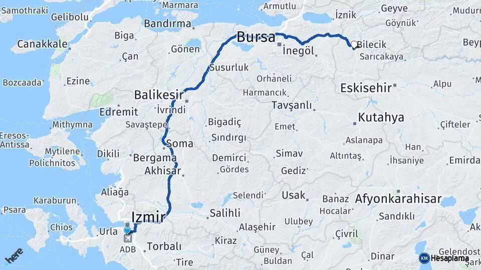 İzmir Gaziemir Bilecik Arası Kaç Km - Yol Haritası