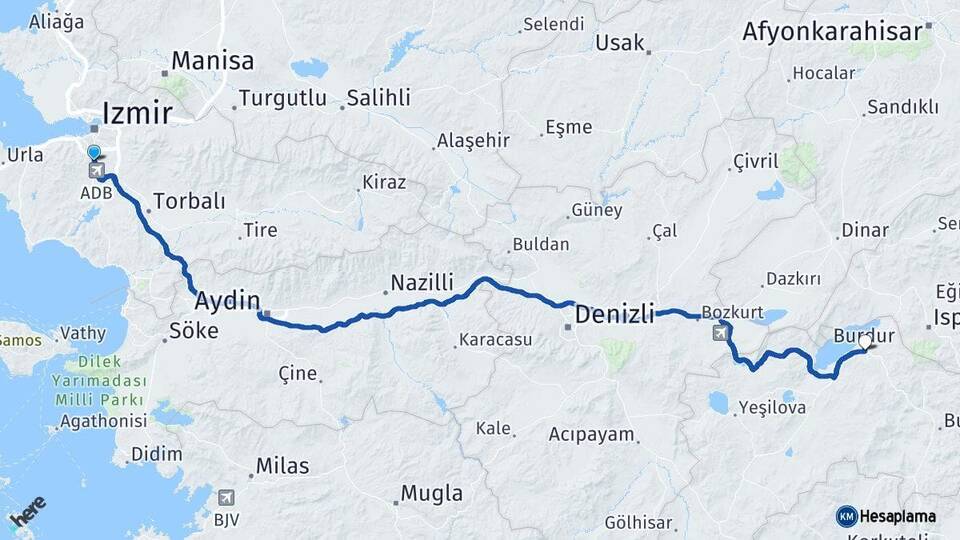 İzmir Gaziemir Burdur Arası Kaç Km - Yol Haritası