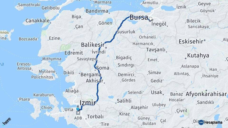İzmir Gaziemir Bursa Arası Kaç Km - Yol Haritası