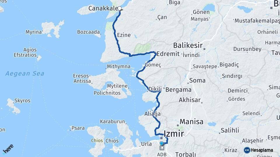 İzmir Gaziemir Çanakkale Arası Kaç Km - Yol Haritası