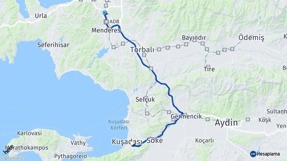 İzmir Gaziemir Davutlar Kuşadası Aydın Arası Kaç Km - Yol Haritası