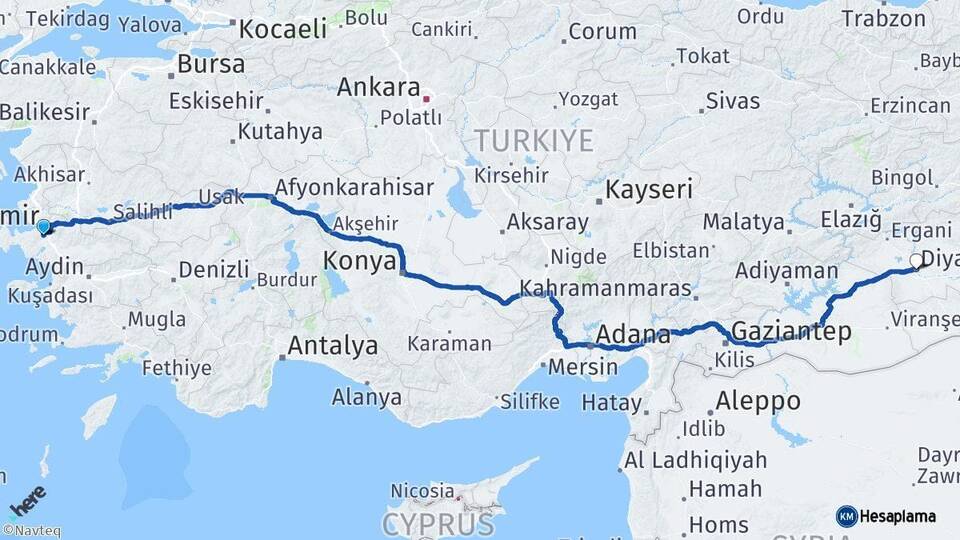 İzmir Gaziemir Diyarbakır Arası Kaç Km - Yol Haritası