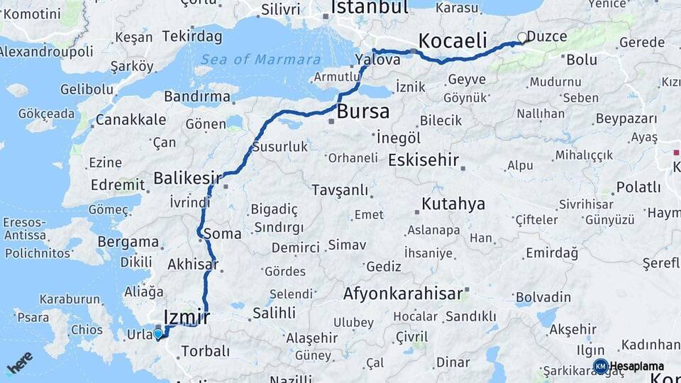 İzmir Gaziemir Düzce Arası Kaç Km - Yol Haritası