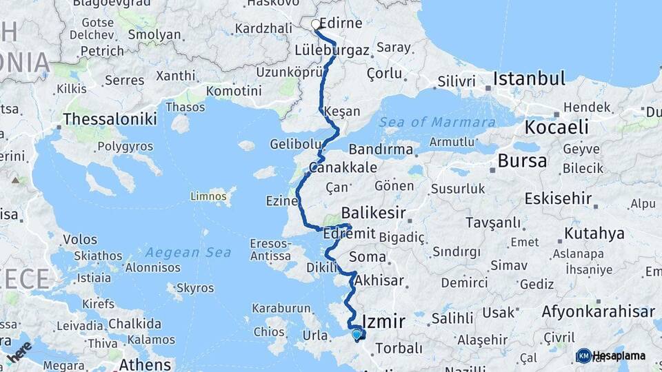 İzmir Gaziemir Edirne Arası Kaç Km - Yol Haritası