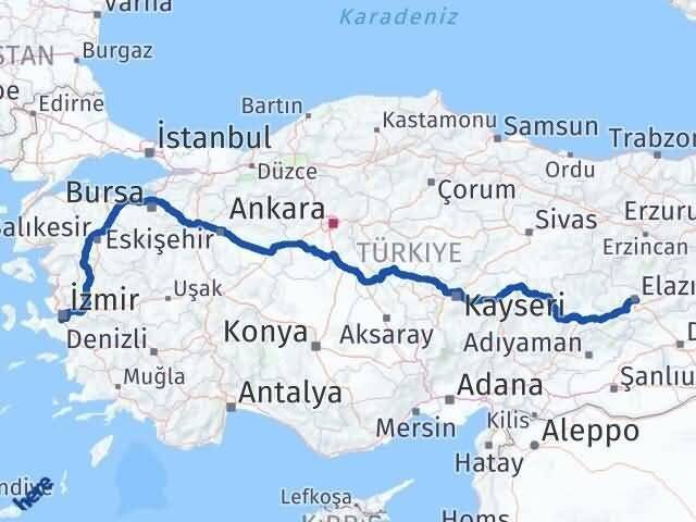 İzmir Gaziemir Elazığ Arası Kaç Km - Yol Haritası
