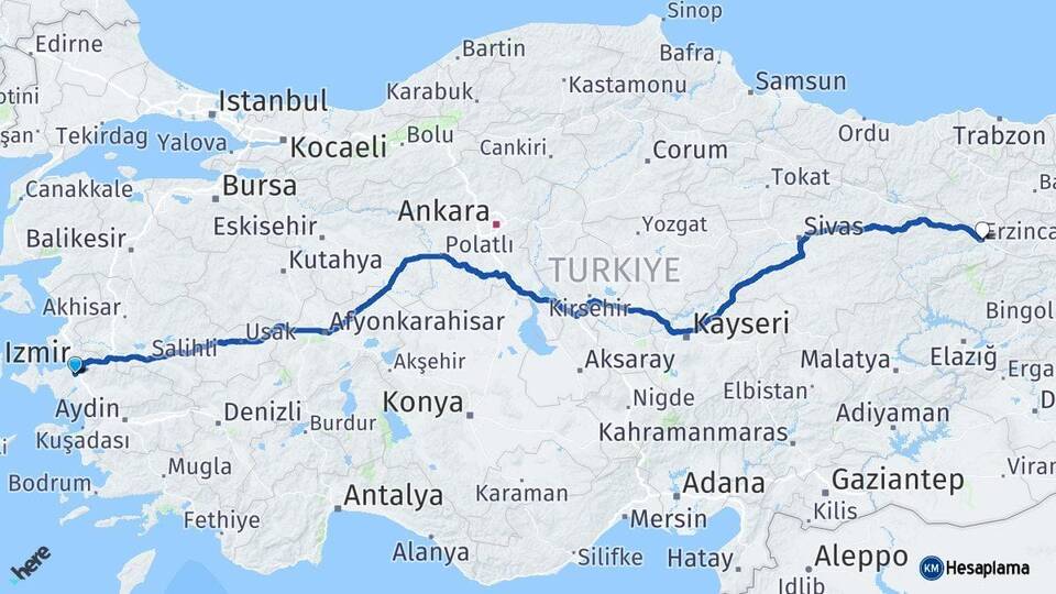 İzmir Gaziemir Erzincan Arası Kaç Km - Yol Haritası