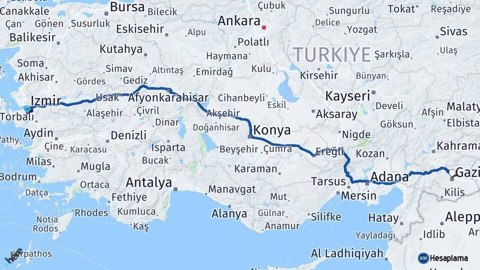 İzmir Gaziemir Gaziantep Arası Kaç Km - Yol Haritası