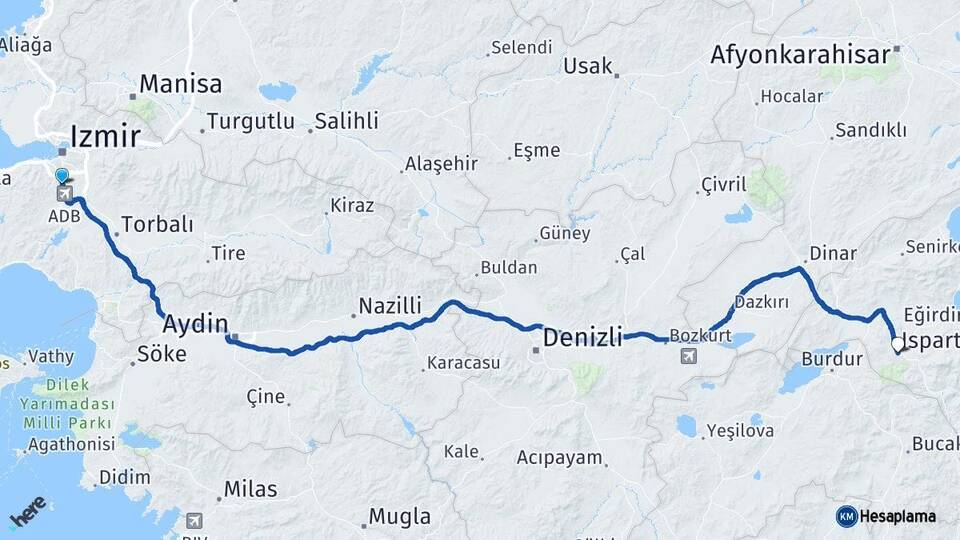 İzmir Gaziemir Isparta Arası Kaç Km - Yol Haritası