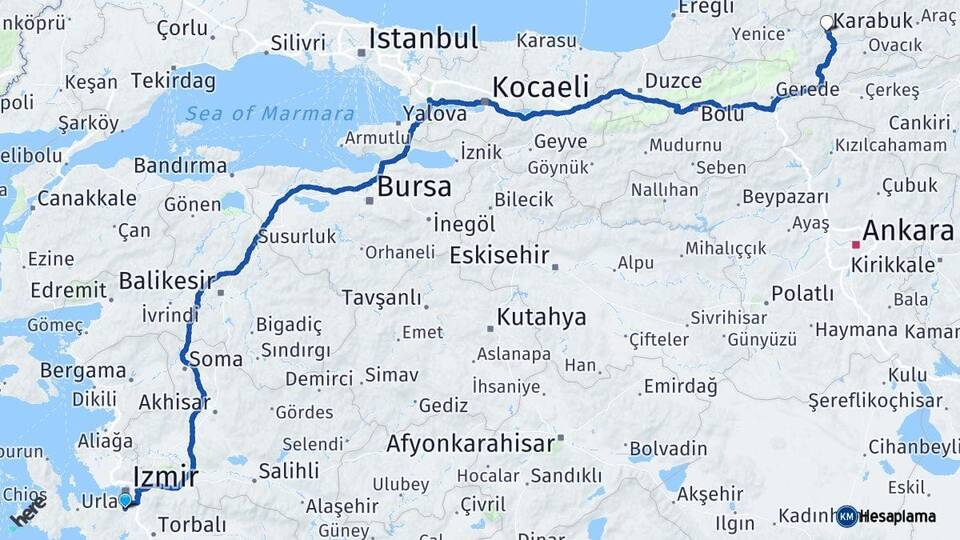 İzmir Gaziemir Karabük Arası Kaç Km - Yol Haritası