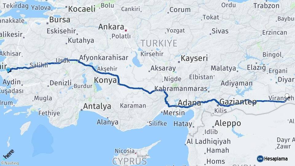İzmir Gaziemir Mardin Arası Kaç Km - Yol Haritası