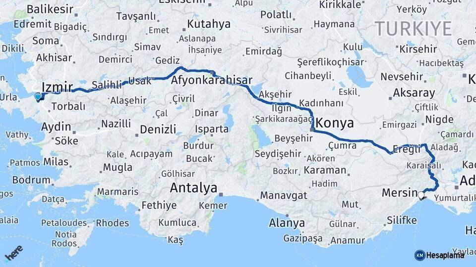 İzmir Gaziemir Mersin Arası Kaç Km - Yol Haritası